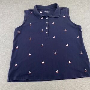 Croft & Barrow Sleeveless Polo Shirt Womens L Navy Blue Sailboat Cruise